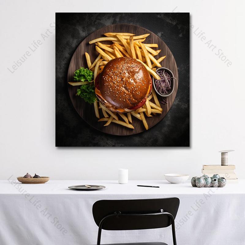 Modern Art Chicken Burger Canvas Painting Food Art Fast Food Hamburger Poster and Prints for Living Room Restaurant Wall Decor