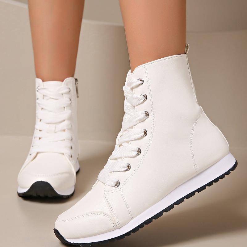 Women's Boots Lightweight Pu Leather Casual Shoes Side Zipper Women's Ankle Boots Lace Up Flat Bottom Boots Classic Women's Boot