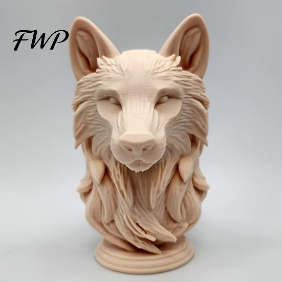 Wolfskopf Kunstwerk 3D Gedruckte Figur, Realistische Statue mit Runder Moderner Dekorationsbasis, Wildtier Skulptur für Zuhause Büro Bücherregal Langlebig