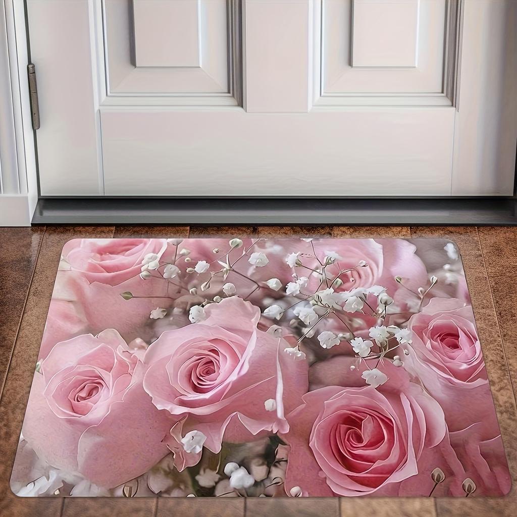 Pink Rose Pattern Non-slip Floor Mat, Machine Washable Floral Design Indoor Carpet Suitable for Entrance Corridor Bedroom