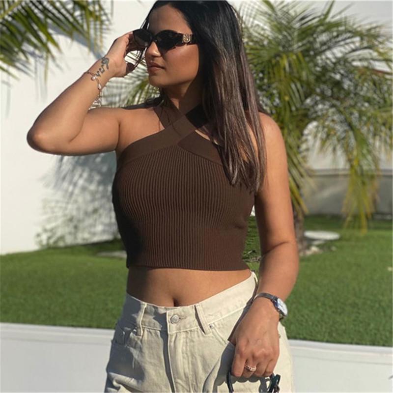 2024 Spring/Summer Women's Knitted Backless Cross Halter Strap Bralette Sweater Tank Top