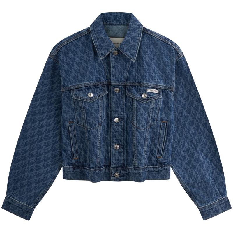 CALVIN KLEIN SS25 Jeans CK All-Over Print Vintage Washed Cropped Denim Jacket Women 47B010G XXS