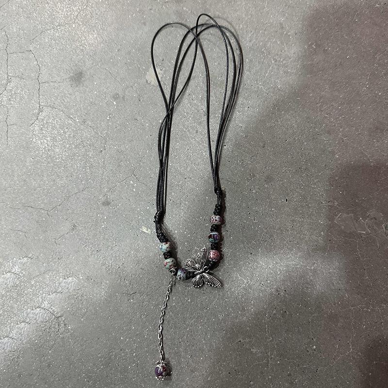 Vintage Butterfly Beads Woven Chain Pendant Necklace For Women Charm Aesthetics Elegant Clavicle Chain Chinese Ethnic Jewelry