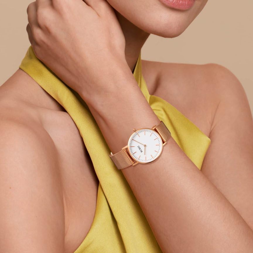 BUREI Analoge Quarzuhr mit wasserdichtem Netz, stilvoll und beliebt für den Weg zur Arbeit, schlank und leicht, Rosé-Edelstahl-Armband für Damen, Freizeit, Schule,