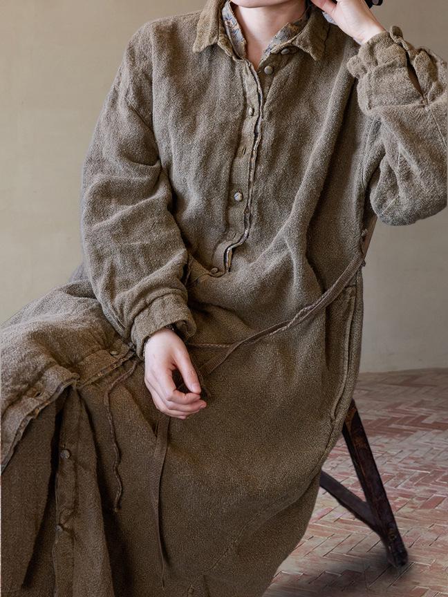 Autumn Barn Wind Trench Coat: Incense Color Ramie Cotton Long Sleeve Versatile Dress Coat C0930