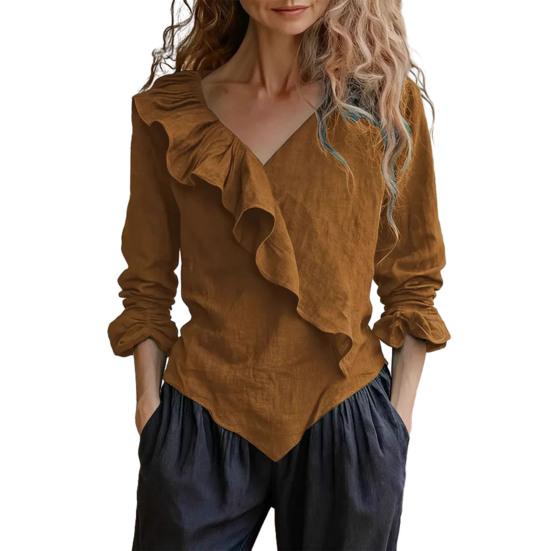 Women Tops V Neck Long Sleeve Ruffle Design Solid Color Commuter Blouse Loose Fit Work Party Casual Tops Daily Wear