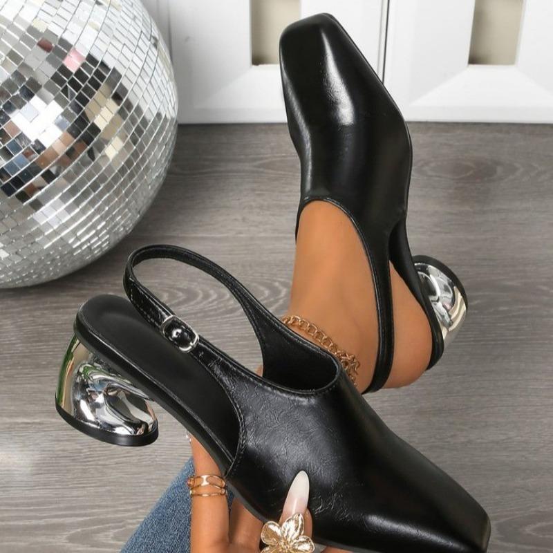 Fashion Square Toe Shaped Heel Mid-High Heels Skinny Feet Simple Fashion Shallow Mouth One Strap Versatile Soft Side Sandals