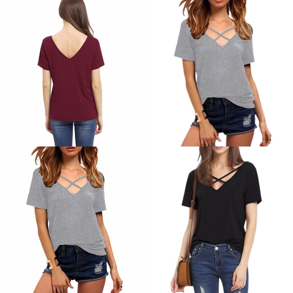 Stylowy Bawełniany T-shirt Damski Plus Size z Dekoltem V, Krótkim Rękawem, Luźnym Krój
