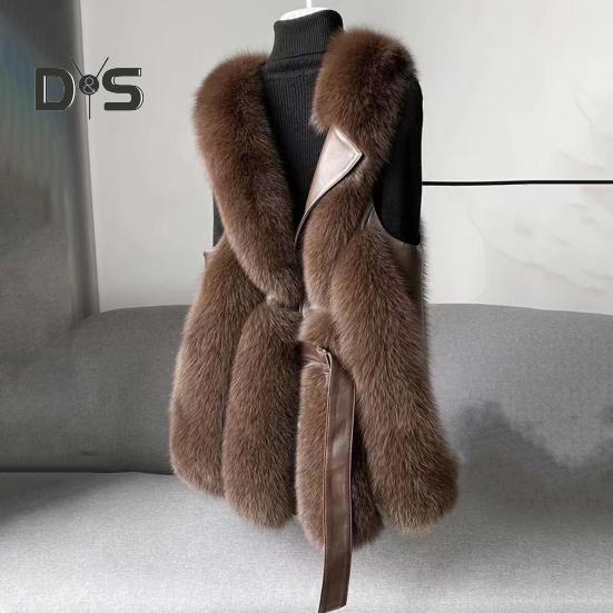 Women Winter Vest Coat Thick Fluffy Faux Fur Cozy Solid Color Sleeveless Button Closure Belt Decor Solid Color Windproof Faux Leather Patchwork Warm