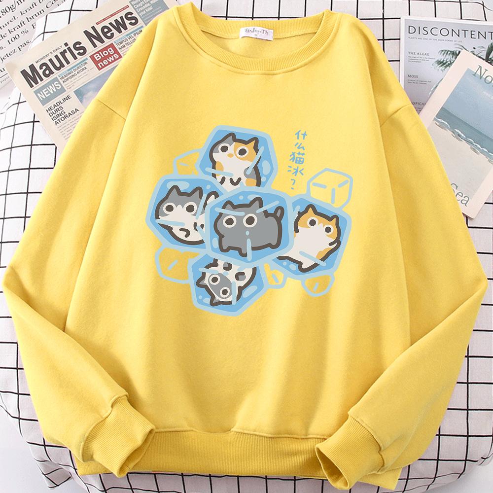 Ice Cat Dibujos Animados Divertidos Gatos Lindo Estampado Sudadera Hombre Mujer Harajuku Cuello Redondo Sudadera con Capucha Estampados Otoño Ropa Deportiva Sudadera Holgada