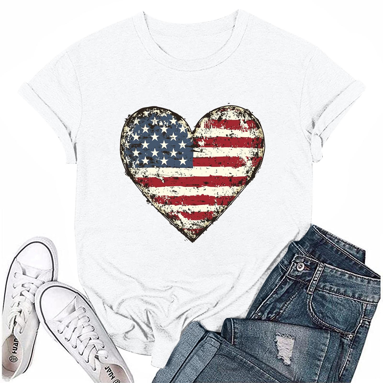 

Взрослые Повседневная Ежедневная Круглая горловина День Независимости Печатный короткий рукав Футболка Топ с буквами L белый