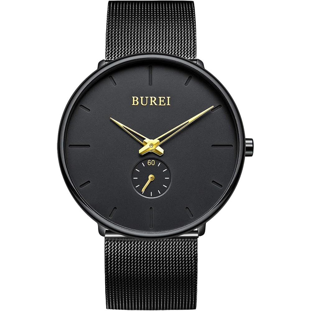 BUREI Men s Black Simple Stylish Watch Waterproof Stainless Steel Gold Accents