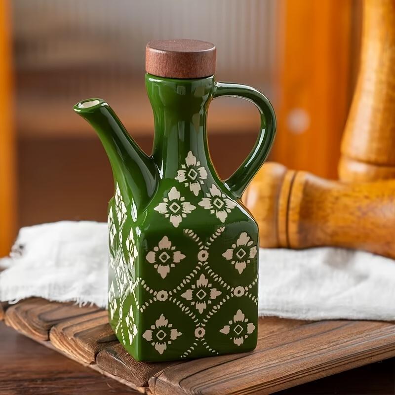 1pc Ceramic Oil Dispenser with Wooden Lid and Handle,Blue and White Porcelain Design,BPA-Free,Freezer Safe, Square Shape for Kitchen Seasoning Storage