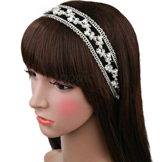 Diadema elástica con cuentas de perlas de imitación y encaje a la moda para fiesta de graduación