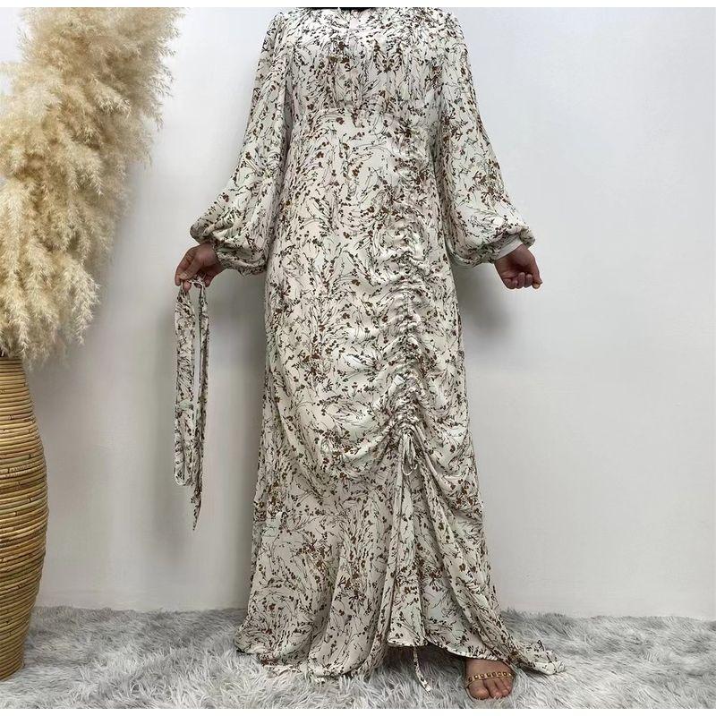 

New Arrival Summer Ethnic Style Fashion Floral Dress round Neck Vacation Dress Lace up Floral Dress White flowers L