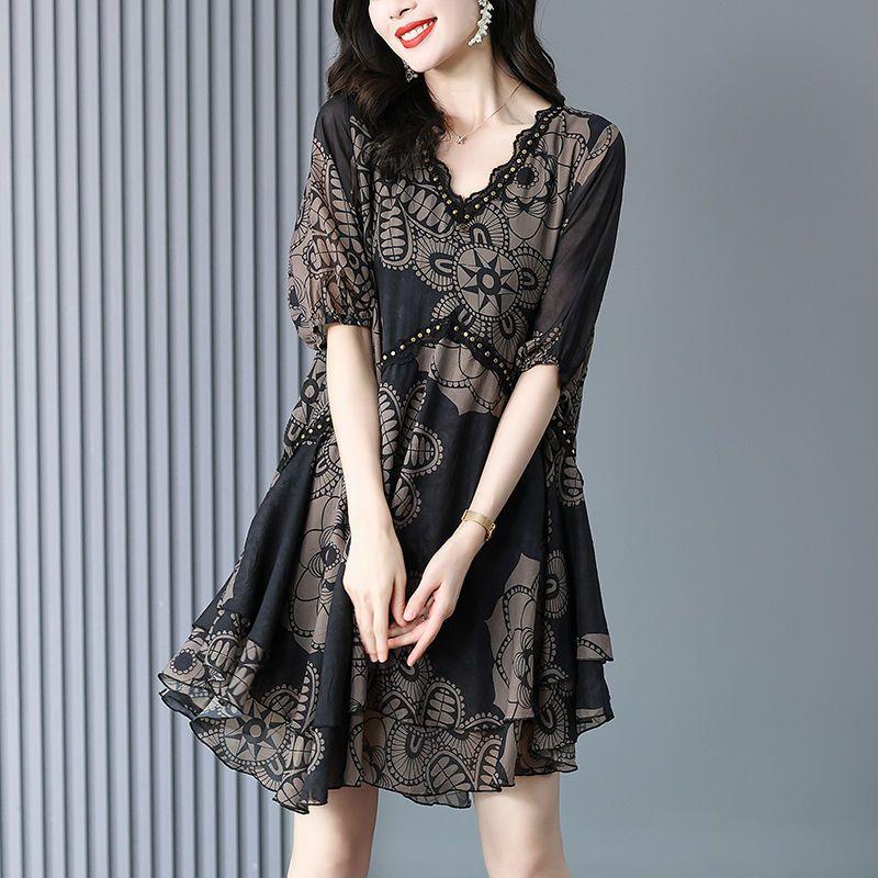 Dress Women Summer Large Size Short Sleeve Loose Printed V-Neck Lace Skirt