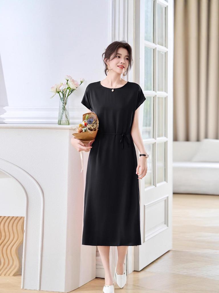2026 New Elegant Mulberry Silk Mid-Length Dress - Round Neck & Casual Fit