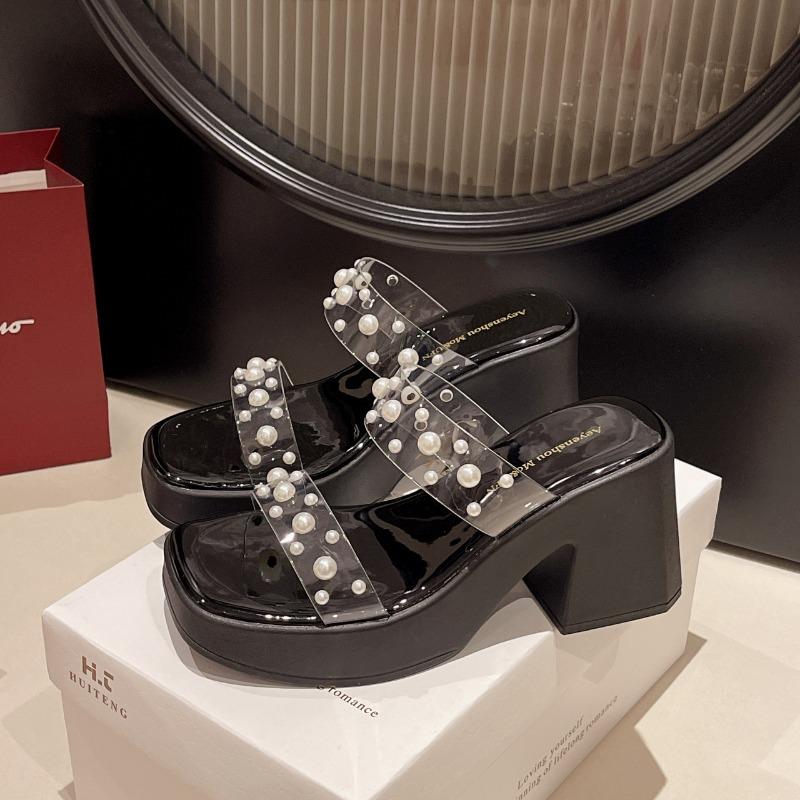 High-heeled sandals women's summer crystal ribbon rhinestone high-heeled slippers outside commuting skirt slippers