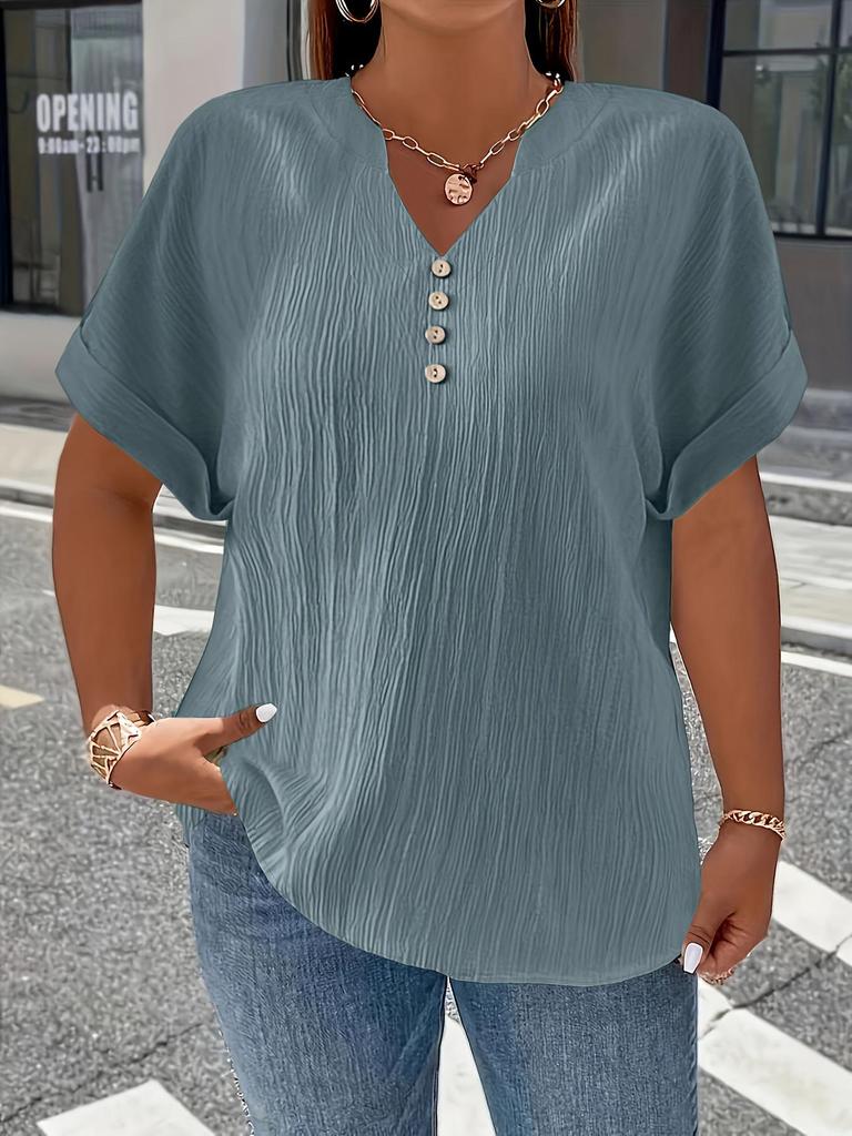 Plus Size Women's Solid V-Neck Buttoned Short Sleeve Top - Comfortable & Loose Fit, 2025 Collection.