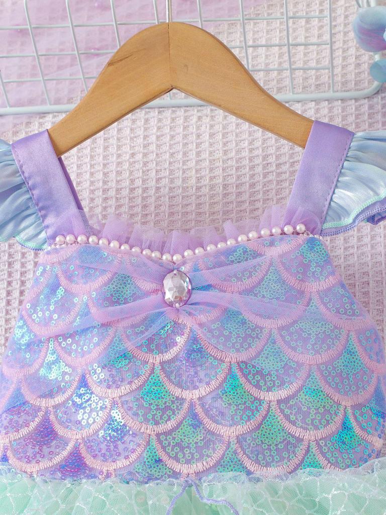 Mädchen Pailletten-Mesh Spaghetti-Träger Kleid - Sommer Meerjungfrau Prinzessin Kostüm