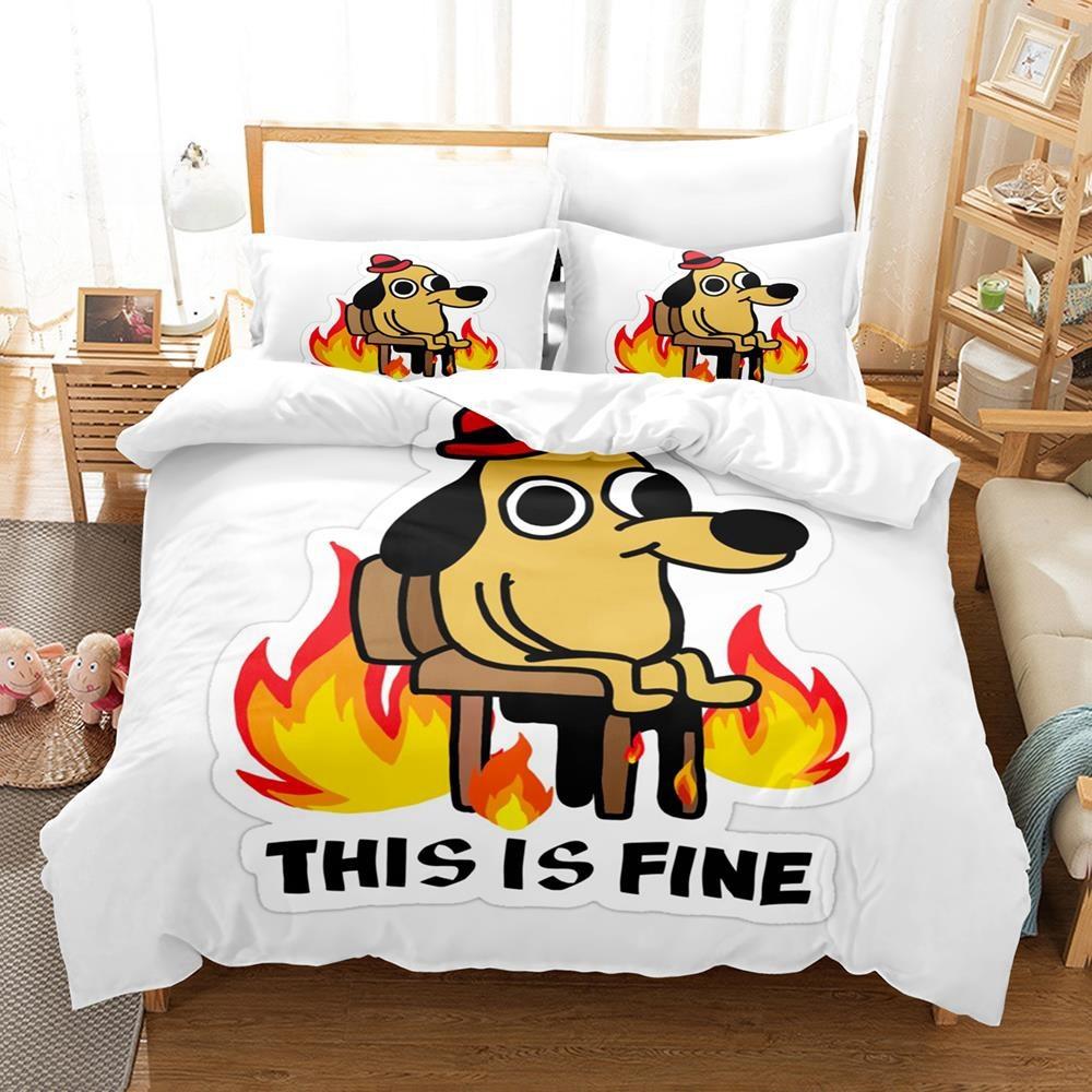 3D Anime Bed Sheet Sets This Is Fine Dog Bedding Set Single Twin Full Queen King Size Bed Set Adult Kid Bedroom Duvet Cover Sets