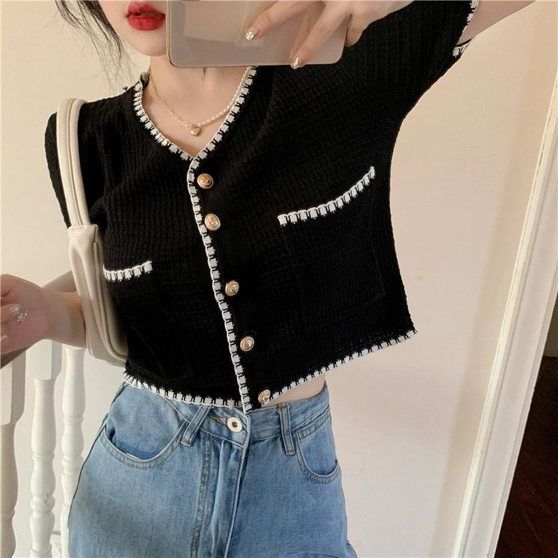 

Свежий и Милый Летний Стиль Маленького Аромата Короткий Топ с Коротким Рукавом и Темпераментом Социалита Тонкий Кардиган One Size чёрный