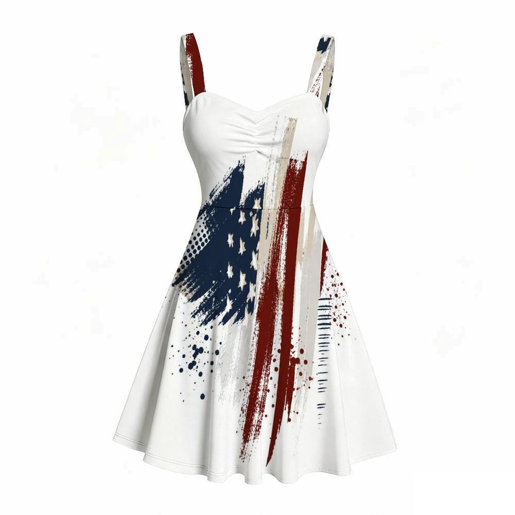 Women Plus Size Off Shoulder Sleeveless Strappy Star Stripe Printed Flared Dress