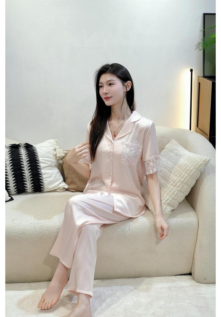Elegant Ice Silk Women's Pajamas: Summer Short Sleeve, Light Luxury, Versatile Home Wear, Douyin's Hot Seller