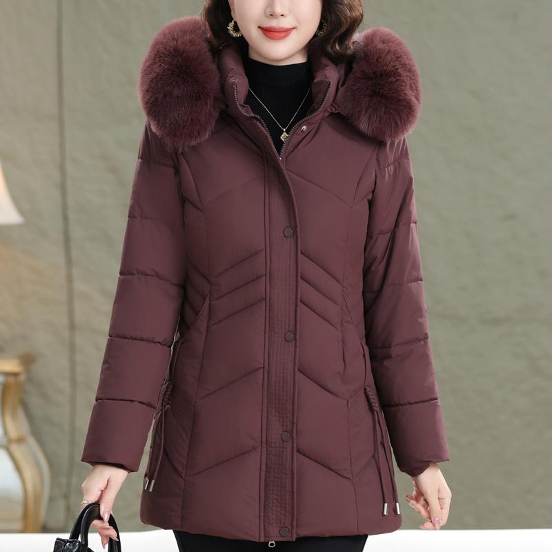 

Куртки для женщин среднего возраста Зимняя верхняя одежда больших размеров с капюшоном и воротником из искусственного меха Теплая Толстая Повседневная Зимняя Куртка Женские Парки 4XL пурпурно красный