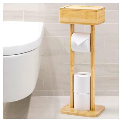SUGGEST Bamboo Toilet Paper Stand with Storage Box, Freestanding Toilet Paper Holder, Simple and Stylish Design.