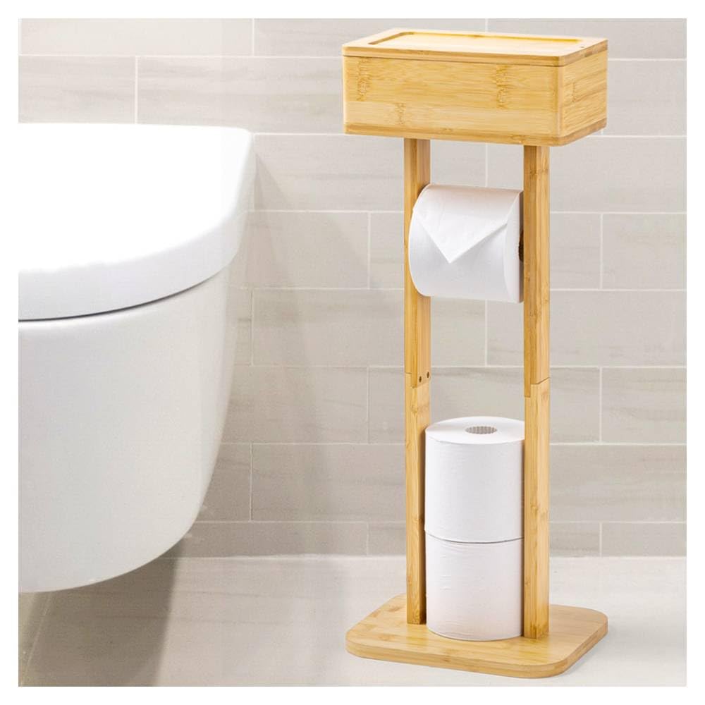 SUGGEST Bamboo Toilet Paper Stand with Storage Box, Freestanding Toilet Paper Holder, Simple and Stylish Design.
