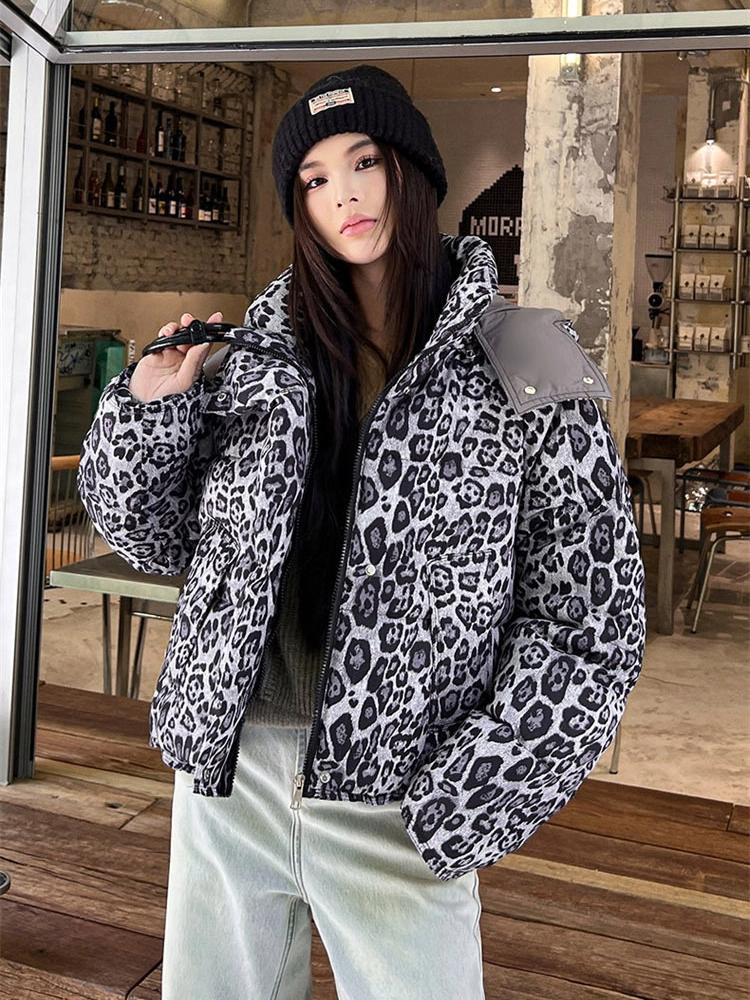 Women's Thickened Short Detachable Hood Leopard Print Jacket