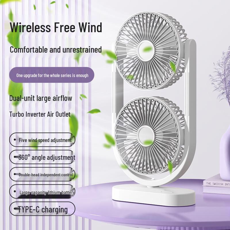 Dual-Head USB Rechargeable Desktop & Floor Fan with 360° Rotation for Camping & Outdoor Use