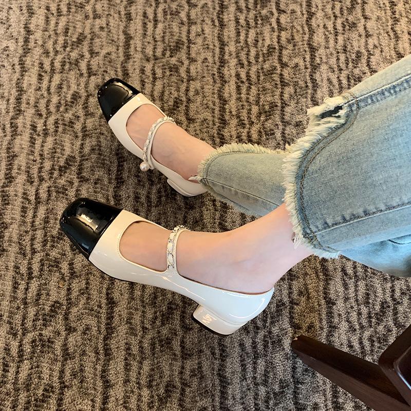 Womens Silver Black Two Tone Square Toe Mary Jane Block Heel Pumps Rhinestone Strap Pearl Buckle Elegant Office Daily Shoes