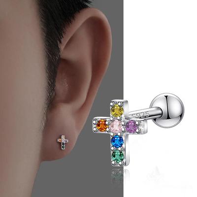 S925 Silver-plated Earrings, Trendy Men's Fashion Style, Unique Twist Buckle Design, Super Flashing Color Diamond Cross Screw Earrings