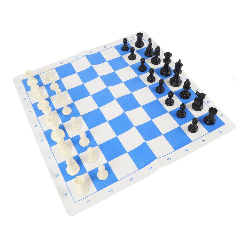 Chess Set Adults Kids Plastic Pieces Portable Folding Roll Up Travel Board Game PU Leather Blue White Grid Chessboard