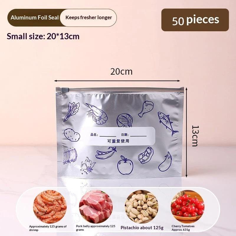 50Pcs Reusable Aluminum Foil Food Storage Bags Leakproof Seal Writable Label Perfect For Freezing Meat Fridge Organization