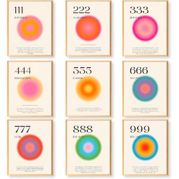 9Pcs Angel Number Poster - Aura Poster Aesthetic, Spiritual Posters, Gradient Angel Numbers Print, pirational Quotes Wall Art ,Pink Aura Balance B1