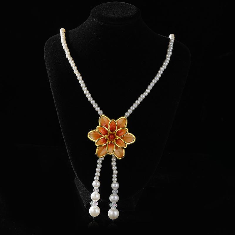 

Collarbone Chain Versatile Pearl Jewelry, Pearl Beaded Flower Glass Bead Sweater Chain Necklace помаранчевий