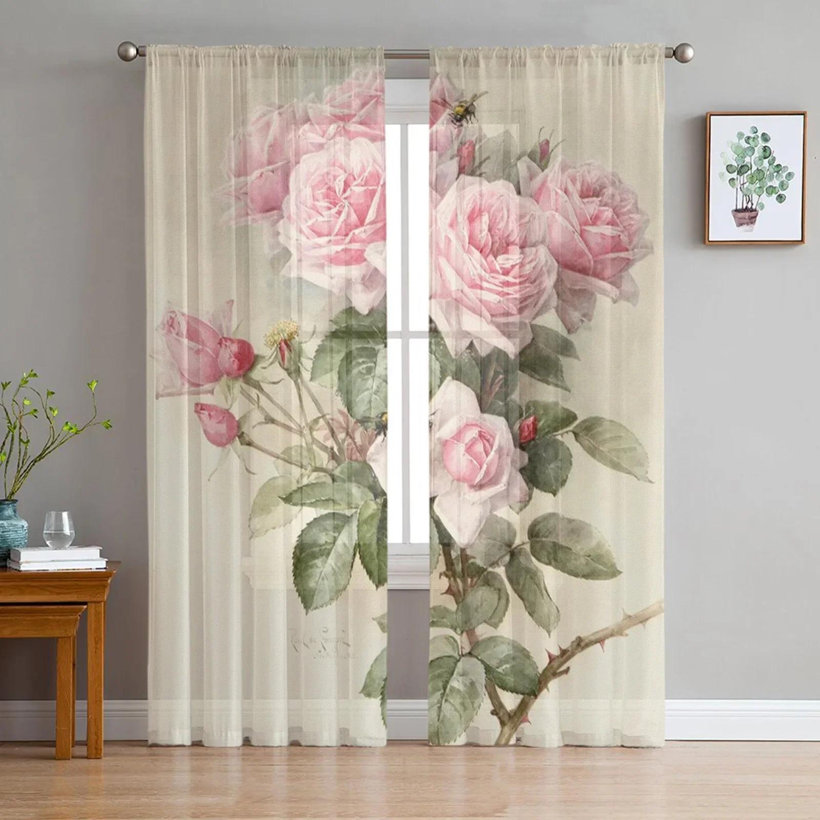 

Blush Pink Rose Blossom Floral Soft Tulle Transparent Drapes Perfect for Living Room Ornamentation Window Panel Curtain Perfect for Bedroom Kitchen W135 x H115cm x1&Grommet Top