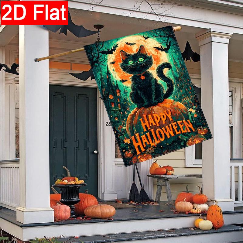 2D Flat - 2D Flat Halloween Pumpkin Black Cat Garden Flag - 4-28 X 40 Inch Outdoor Garden Flag, Double-Sided Home Decoration Courtyard Decoration Lawn