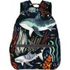 Shark Ocean Life Backpack,Underwater Dark Polyester Backpacks,Lightweight Double Shoulder Back Pack For Adult Teens,Marine Fish