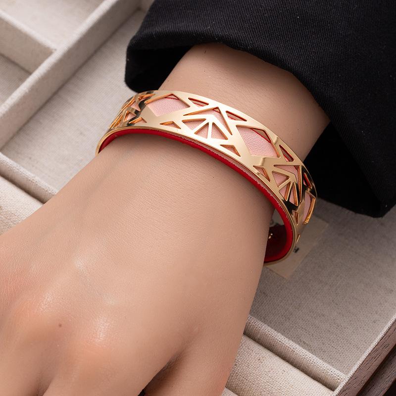 Stylish Replaceable Double-Sided Colored Pu Leather Wide Bracelet Hollow Rhombus Titanium Steel Open Bracelet