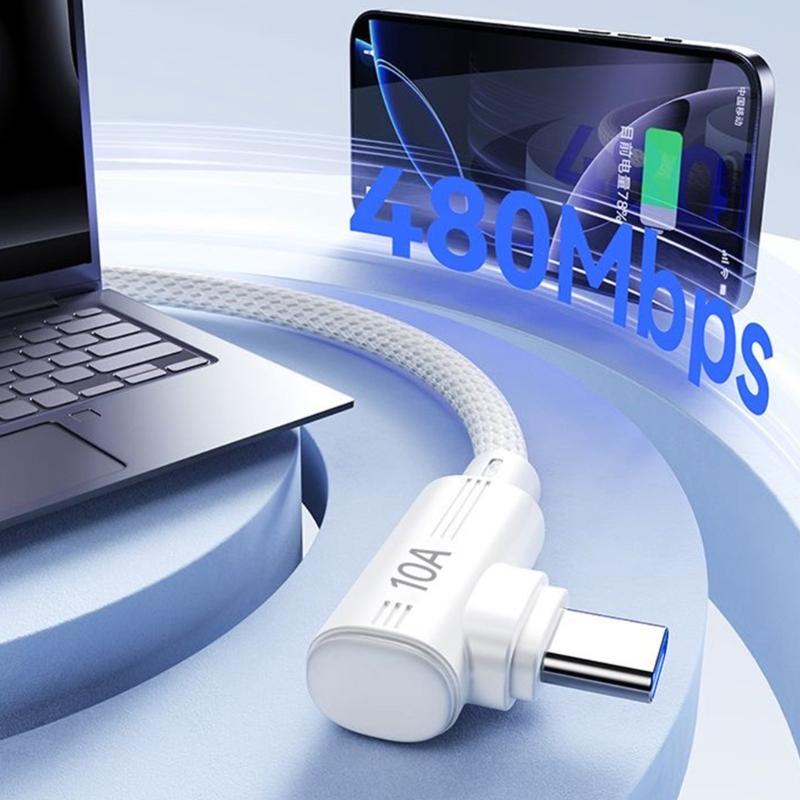 10A Fast Charging Braided Cable Right Angle USB C Cable Data Transfer Cord Suitable for Gaming and Quick Charging