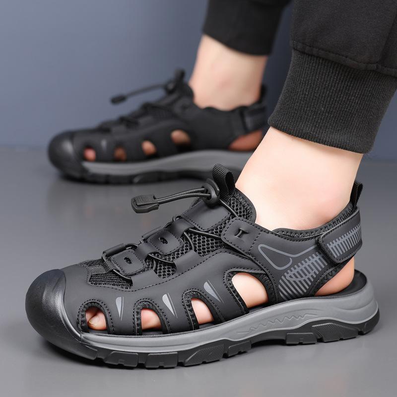 Fashion 2025 New Summer Breathable Leather Sandals for Men Fashion Casual Sports Outdoor Shoes Male Elastic Band Solid Color Sandals Man