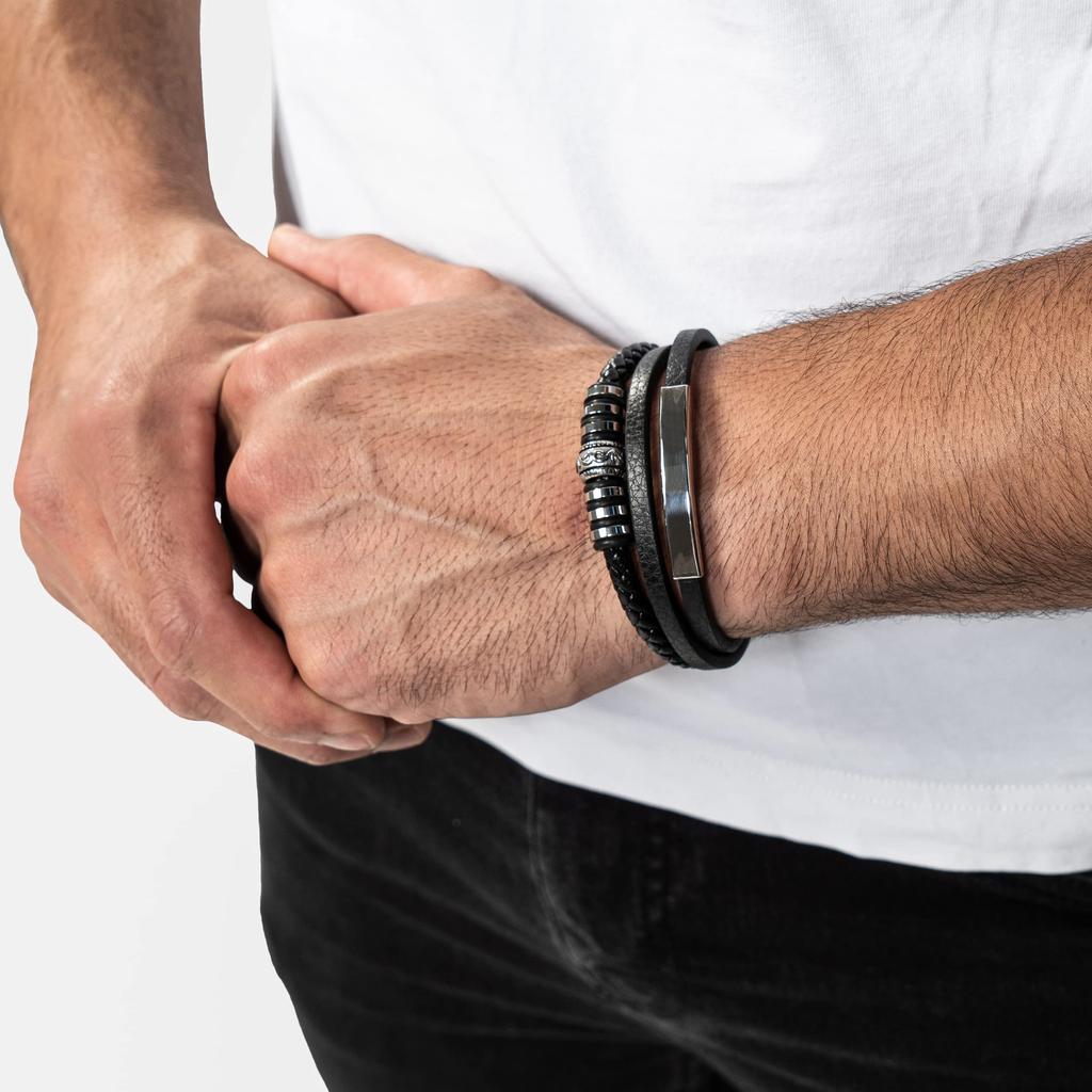 Silver Bracelet 17cm Leather Arm Jewelry Chain Braided Wrap [SERASAR] Men's