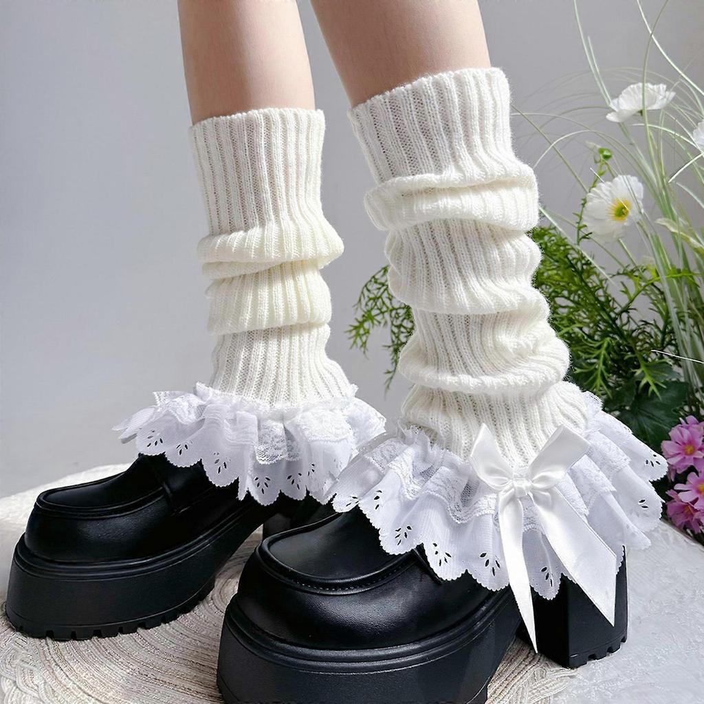 Mädchen Lolita Rüschen Gehäkelte Beinwärmer Gestrickte Beinärmel Goth Häkeln Knöchel Haufen Socken JK Uniform Fußabdeckungen Weiß