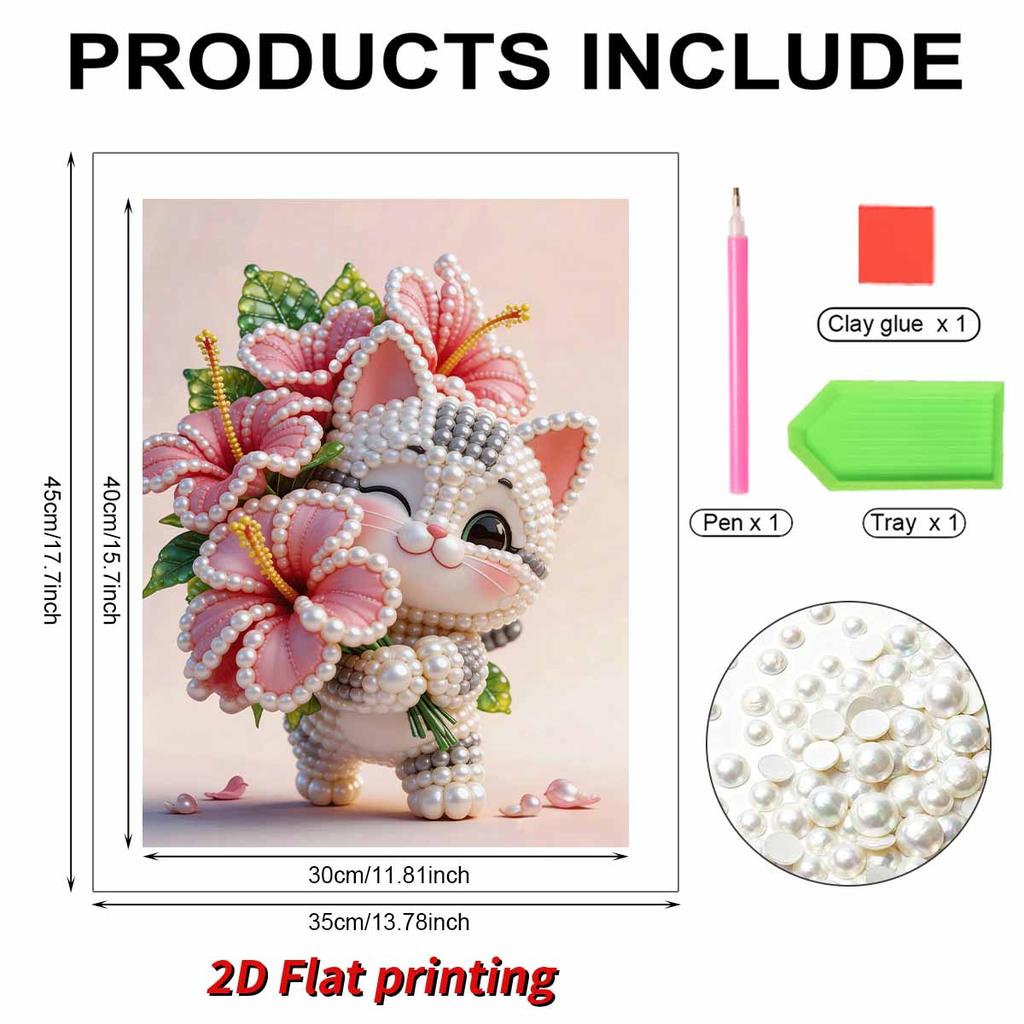 5D DIY Frameless Pearl Painting Flowers and Cats Pattern Painting Kit, Suitable for Home Living Room Bedroom and Other Wall Decoration Art Paintings