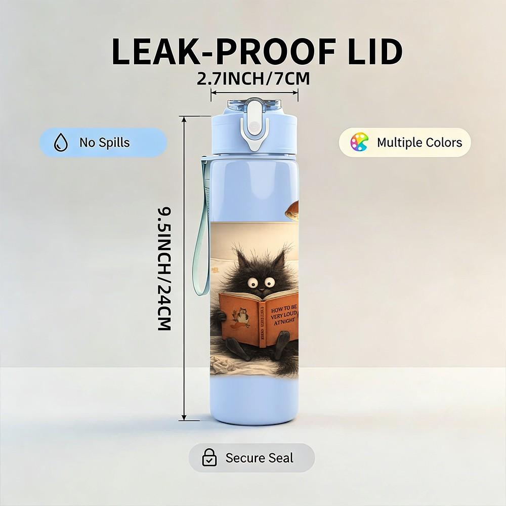 1PC Black Cat Sit On Vintage Book Bag Print 750ml Color Plastic Sports Water Bottle Leakproof Flip Straw Lid Suitable for Sports Office Home Use