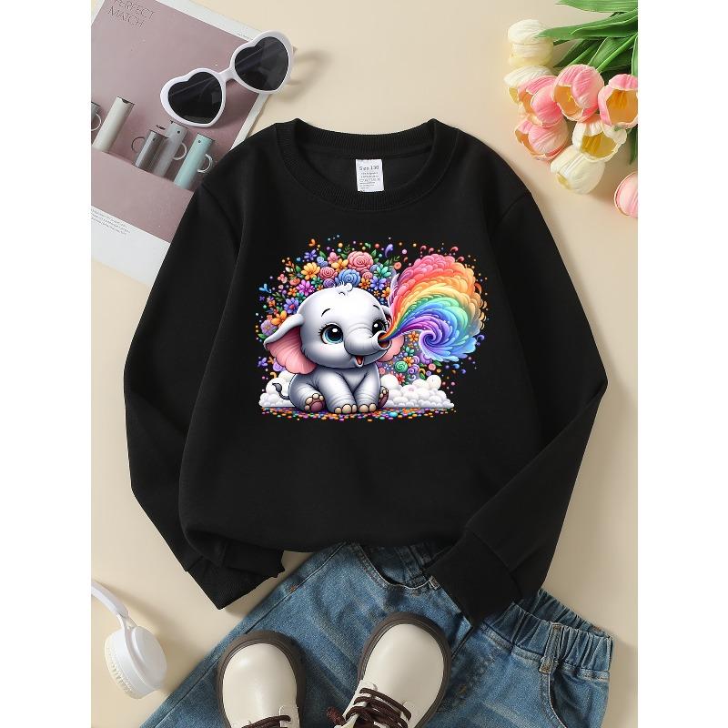 Kids Sweatshirt ,Crew Neck Fashion Top, Fun"Cute Elephant Rainbow Flowers " Patterned Sweatshirt for Everyday Casual Wear